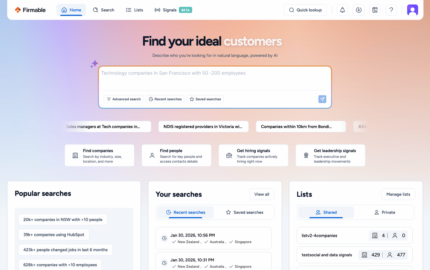 Firmable homepage with SFO query